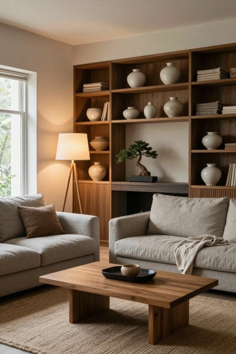 A Japandi living room with tall wooden shelving displaying white ceramic vases and a bonsai tree, two low light gray sofas with beige cushions and throw, wooden coffee table holding a black dish and bowl, seagrass rug, and wooden tripod floor lamp with white shade positioned between sofa and shelving unit.
