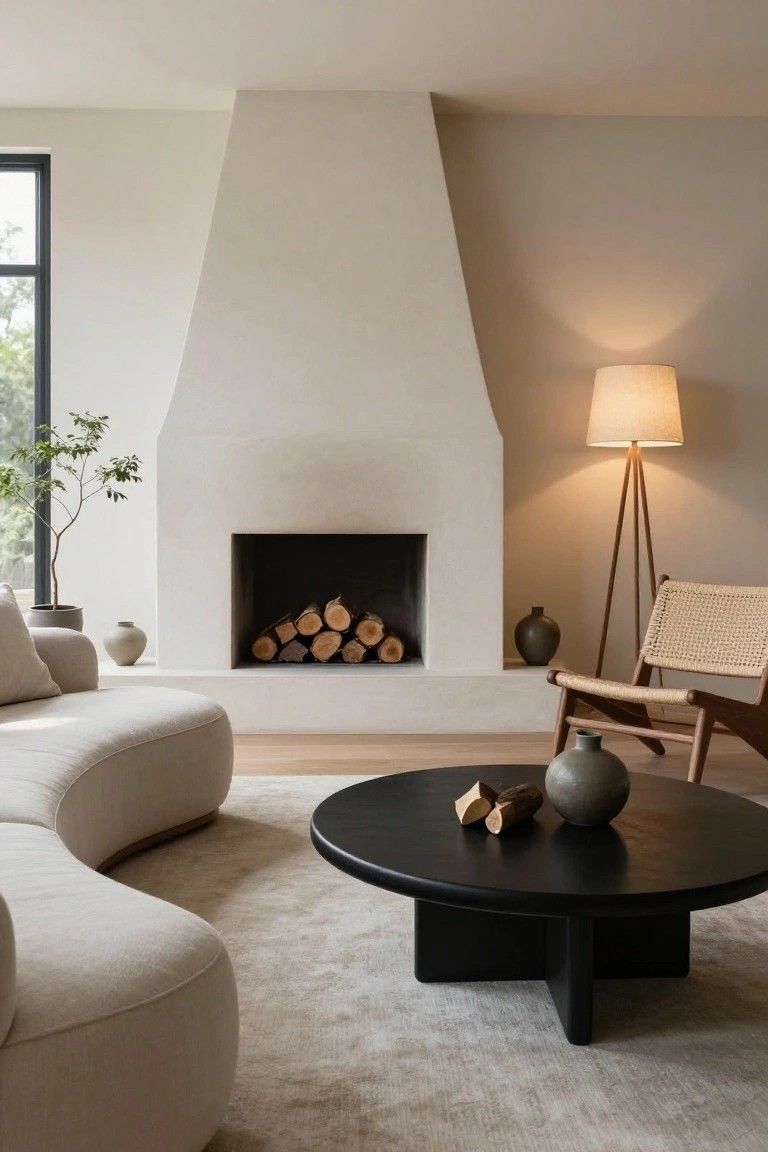 Minimalist living room with tall white plaster fireplace stacked with firewood, curved white sofa, black round coffee table with wood pieces and vase, tripod floor lamp with fabric shade next to rattan armchair, and potted plant near window.