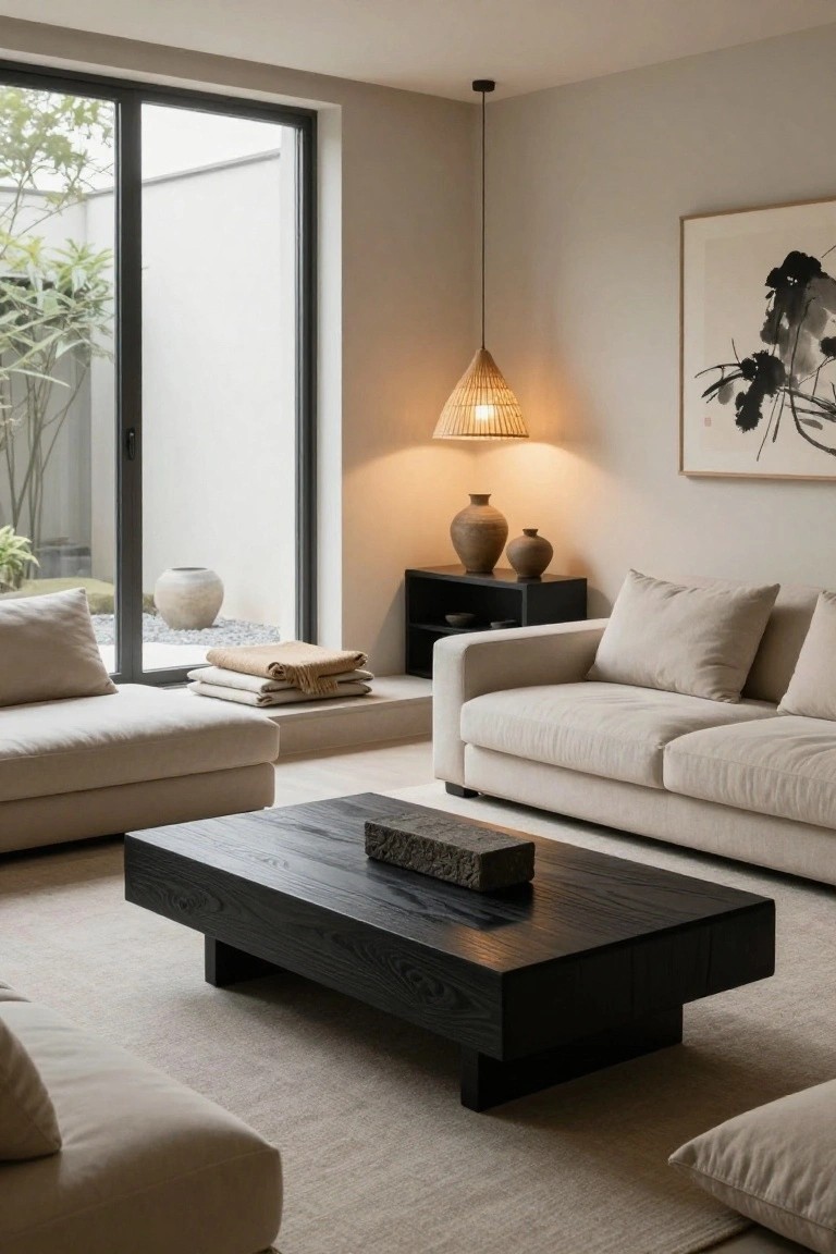 Beige modular sofas in a minimalist living room with black wooden coffee table, rattan pendant lamp, ceramic vases on a sideboard, folded throws, and sliding glass doors to a planted courtyard.