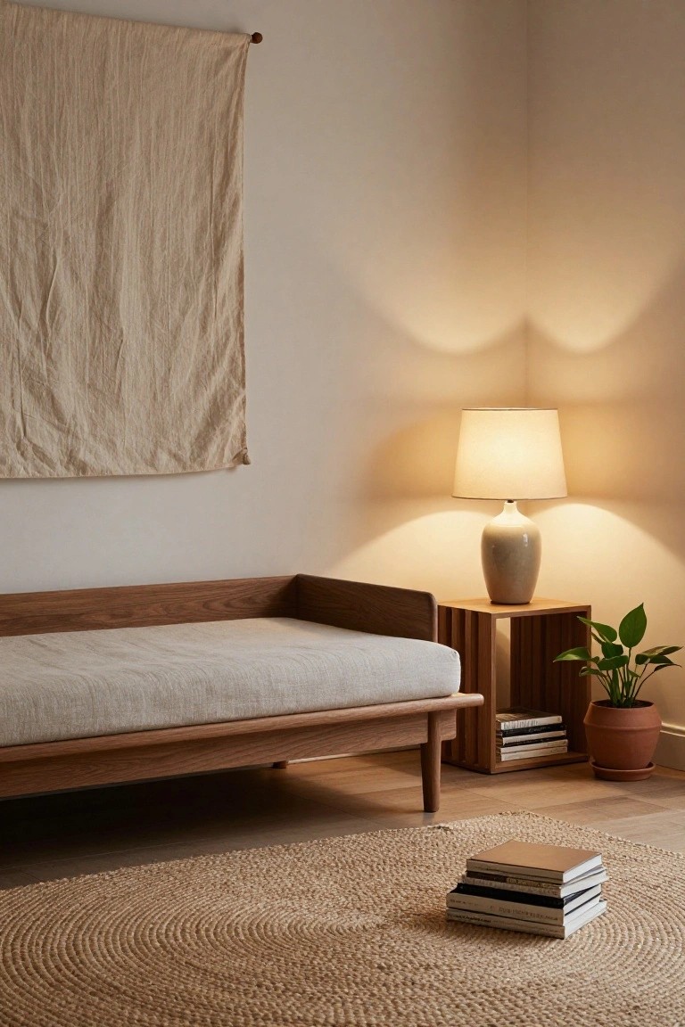 Corner of a light beige living room with wooden daybed on linen base, wooden side table holding ceramic table lamp and potted plant, stack of books on round seagrass rug, draped beige fabric on wall.