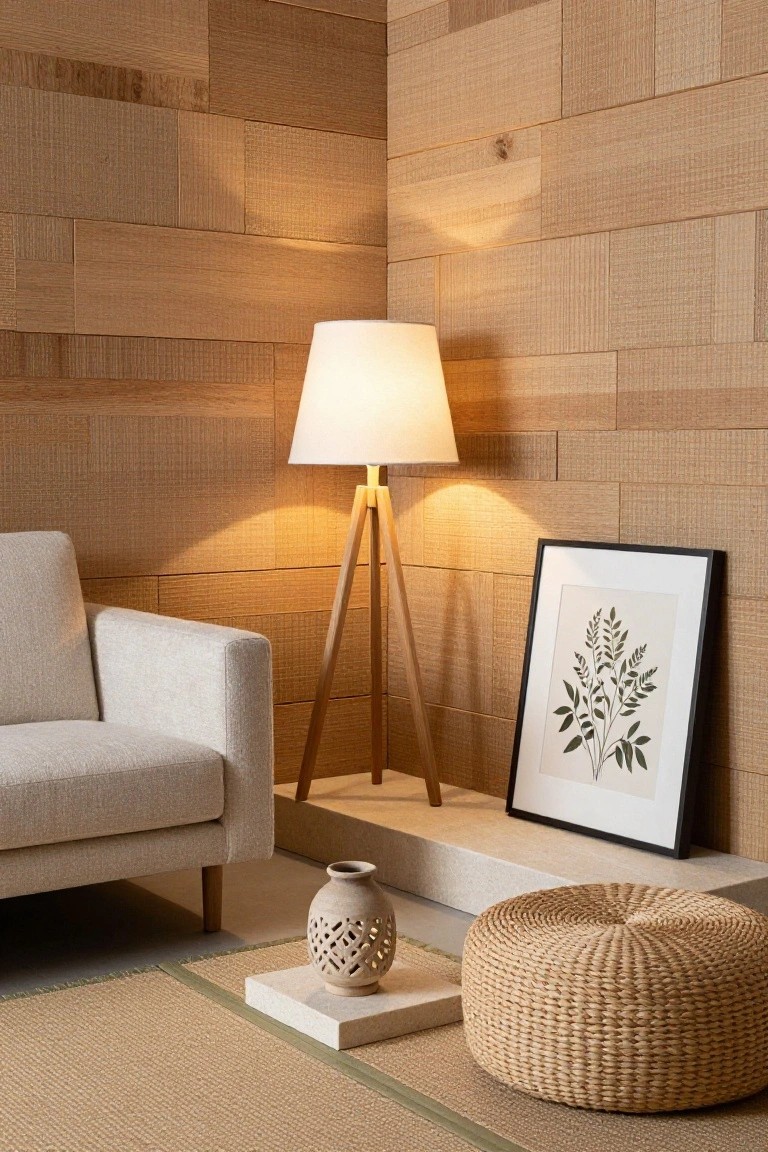 Corner of a light wood paneled living room with a cream sofa, wooden tripod floor lamp with white shade, black-framed botanical print on wall, woven rattan pouf, terracotta vase on stone plinth, and seagrass rug with green edging.