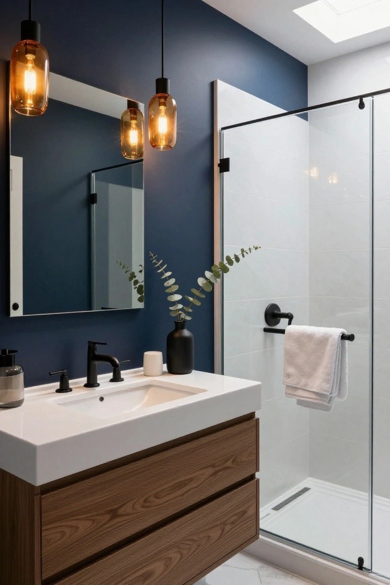 Amber Pendant Lights Warm Up Navy Bathrooms