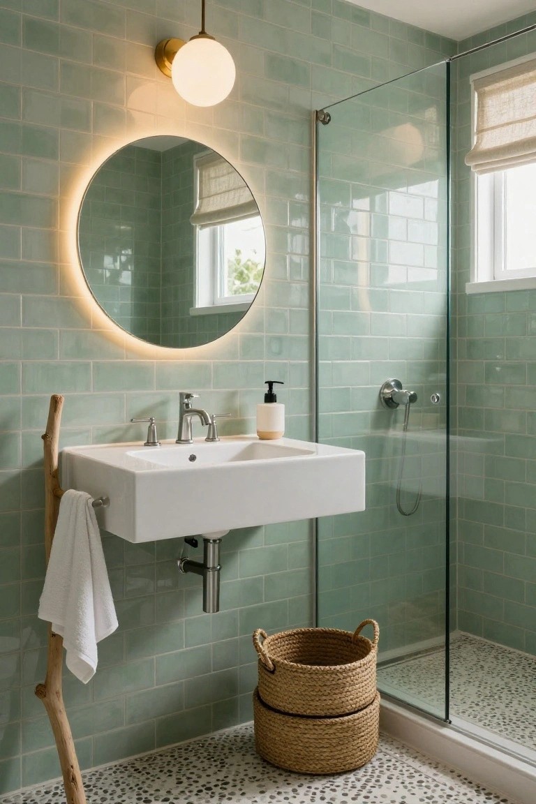 Modern bathroom featuring mint green subway tile walls, floating white sink with brass faucet, round backlit mirror, wall-mounted brass globe pendant light, glass shower enclosure, and pebble shower floor.