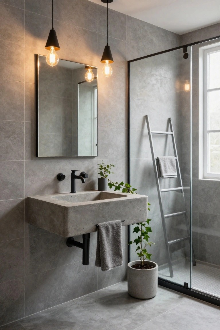 Modern bathroom featuring gray tile walls, a floating concrete sink with black faucet, two black cone pendant lights with exposed bulbs above the mirror, a silver ladder towel rack, potted plants, and a glass shower enclosure.