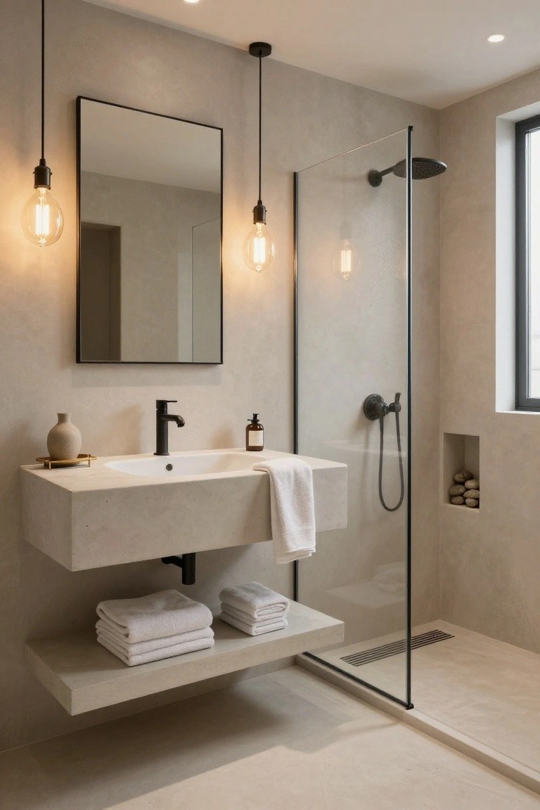 Modern bathroom with two black pendant lights featuring exposed bulbs hanging above a floating beige concrete sink, a large rectangular black-framed mirror, black faucet, folded white towels on shelves, and a glass shower enclosure with black hardware.