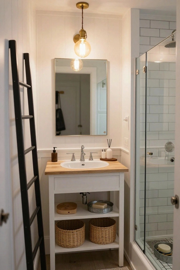 Bathroom with white shiplap walls, wood-top white vanity, black ladder shelf holding baskets, glass shower enclosure with subway tiles, and brass ceiling pendant with exposed bulb over the sink.