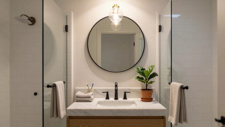 Modern bathroom vanity with white marble countertop, round black mirror, potted fiddle leaf fig plant, white towels, brass globe pendant lights, and glass shower enclosure with subway tile walls.
