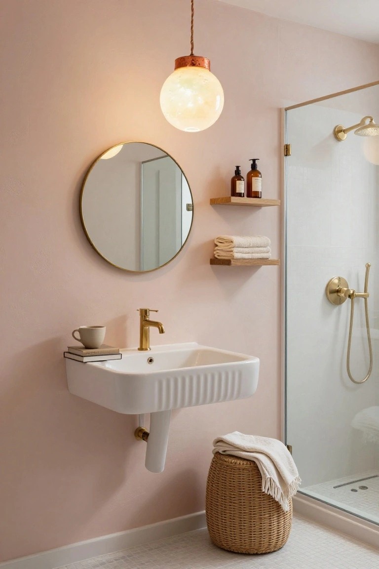 Pink-walled bathroom with hanging frosted glass globe pendant light with copper accents, gold faucet on white sink, round gold mirror, glass shower enclosure, wooden shelves holding towels and bottles, and wicker stool with towel.