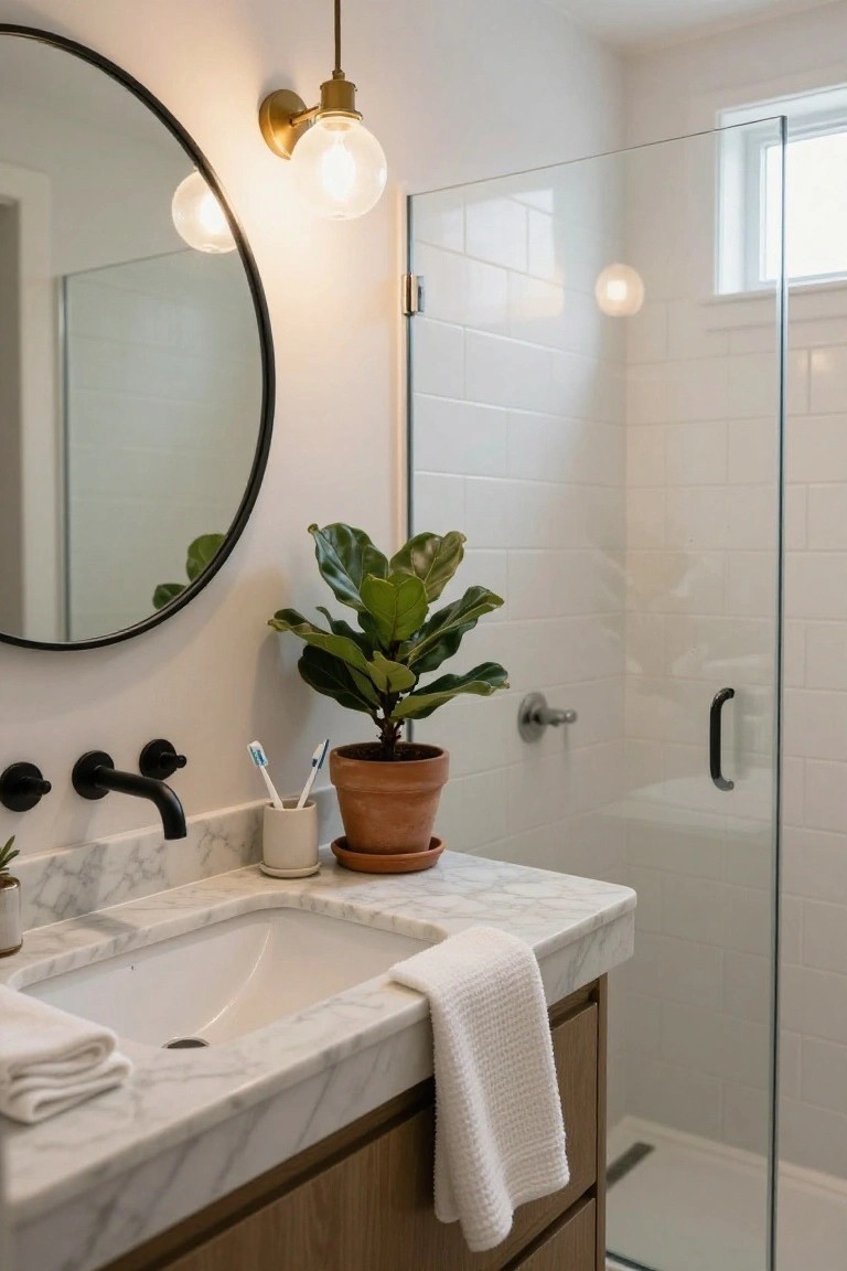 Modern bathroom vanity with white marble countertop, round black mirror, potted fiddle leaf fig plant, white towels, brass globe pendant lights, and glass shower enclosure with subway tile walls.
