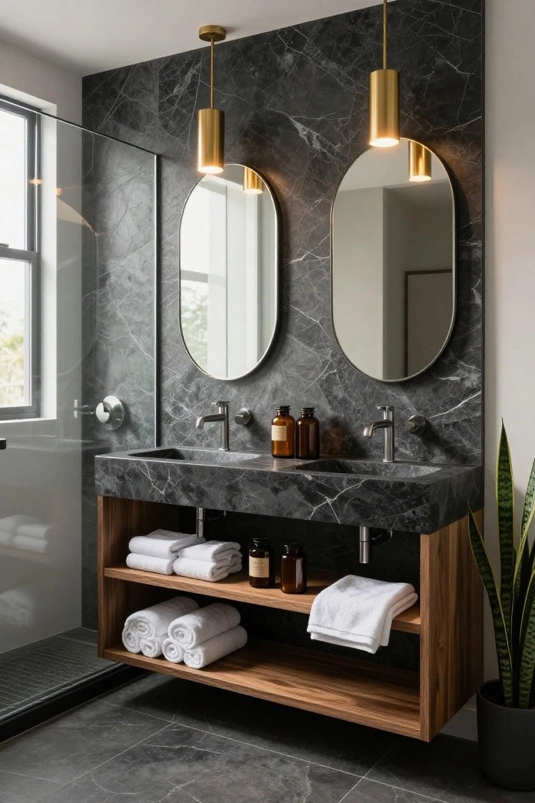 Modern bathroom featuring black marble walls and vanity with two gold elongated pendant lights hanging above double sinks, flanked by oval mirrors, wood storage cabinetry with folded towels and bottles, a potted snake plant, and a glass shower enclosure.