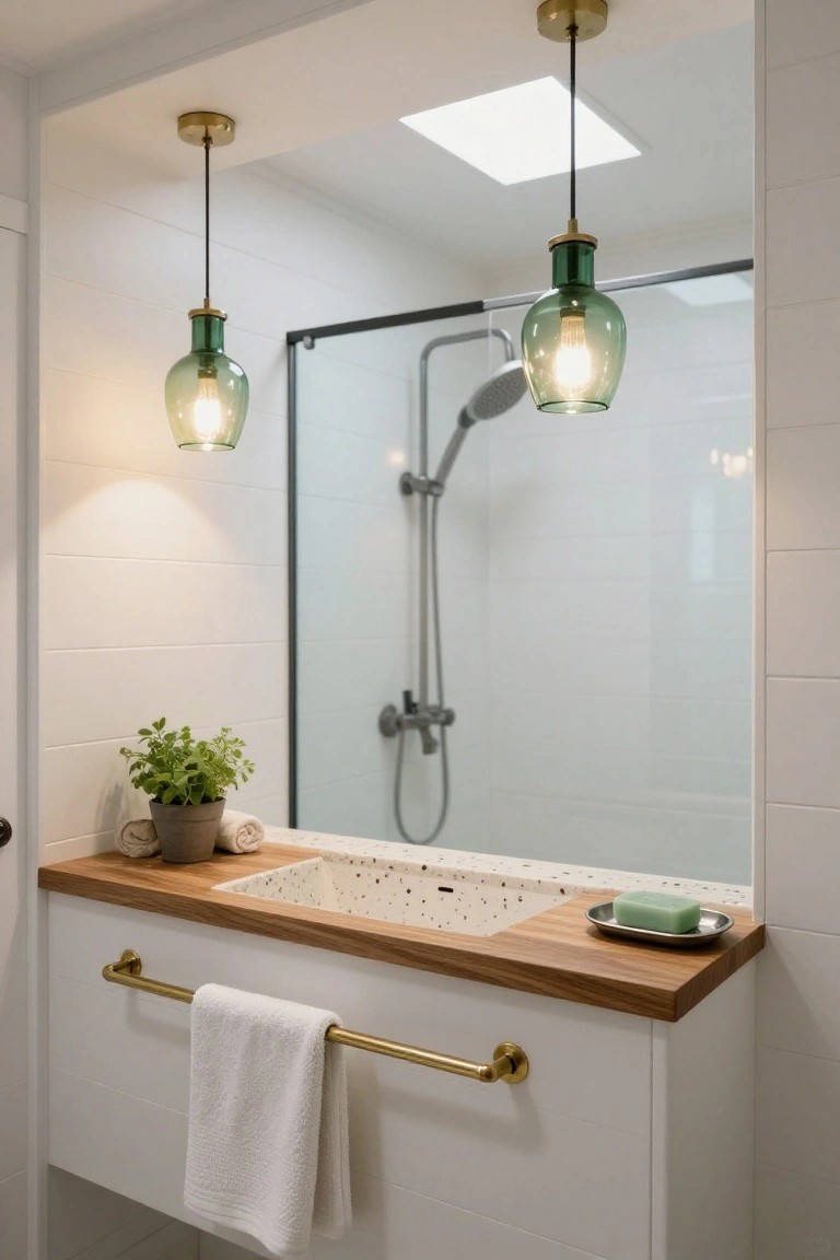 Modern bathroom vanity with oak wood countertop and white dotted sink under two green glass pendant lights, gold towel bar with white towel, potted herb plant, and glass shower enclosure visible behind.