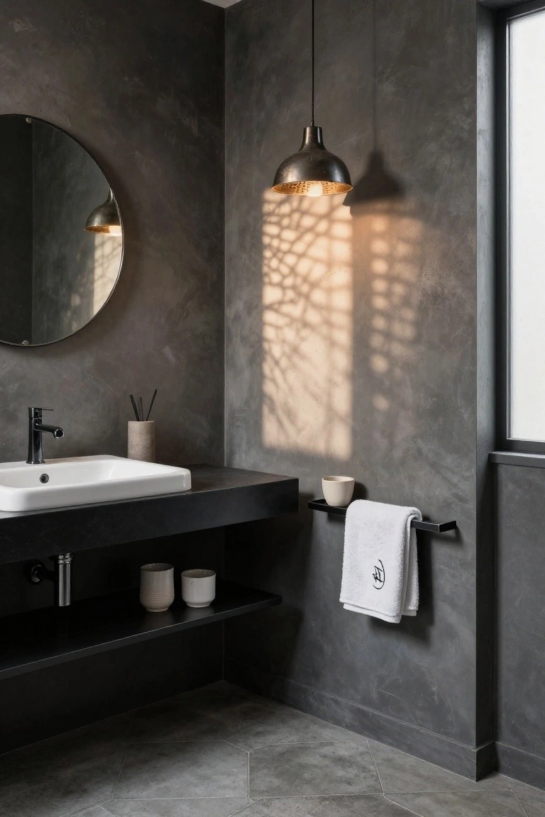 Modern bathroom interior with gray textured walls, round black-framed mirror, black countertop vanity, white rectangular sink, brass pendant light hanging above, white towel on rack, ceramic cups on shelf, and gray hexagonal floor tiles.