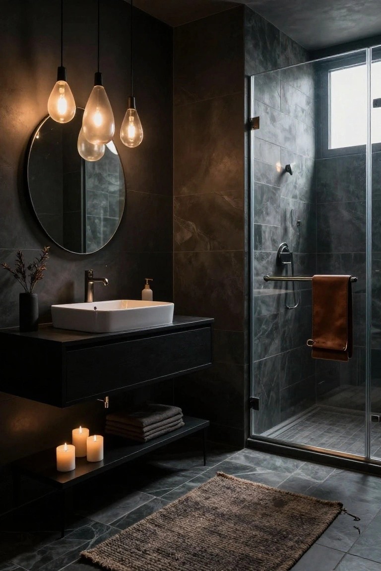 Modern bathroom interior featuring a black floating vanity with white rectangular sink, round black-framed mirror, three hanging pendant lights with elongated bulbs, glass shower enclosure, and dark gray tiled walls and floor.