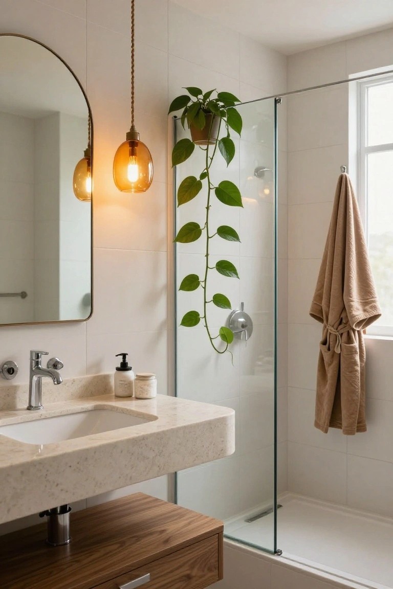 Modern white-tiled bathroom with marble vanity sink, gold round mirror, rope-suspended amber glass pendant light, hanging potted plant by glass shower enclosure, and beige robe on hook near window.