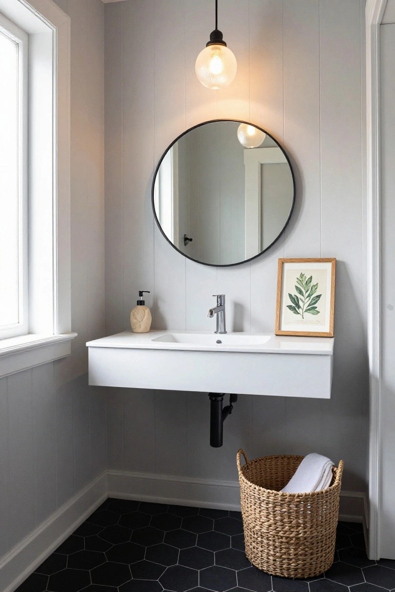 Gray shiplap-walled bathroom featuring a white floating vanity with soap dispenser and faucet, round black mirror, wood-framed leaf print, wicker basket with towels on black hexagonal tile floor, and a frosted glass globe pendant light suspended above the sink.