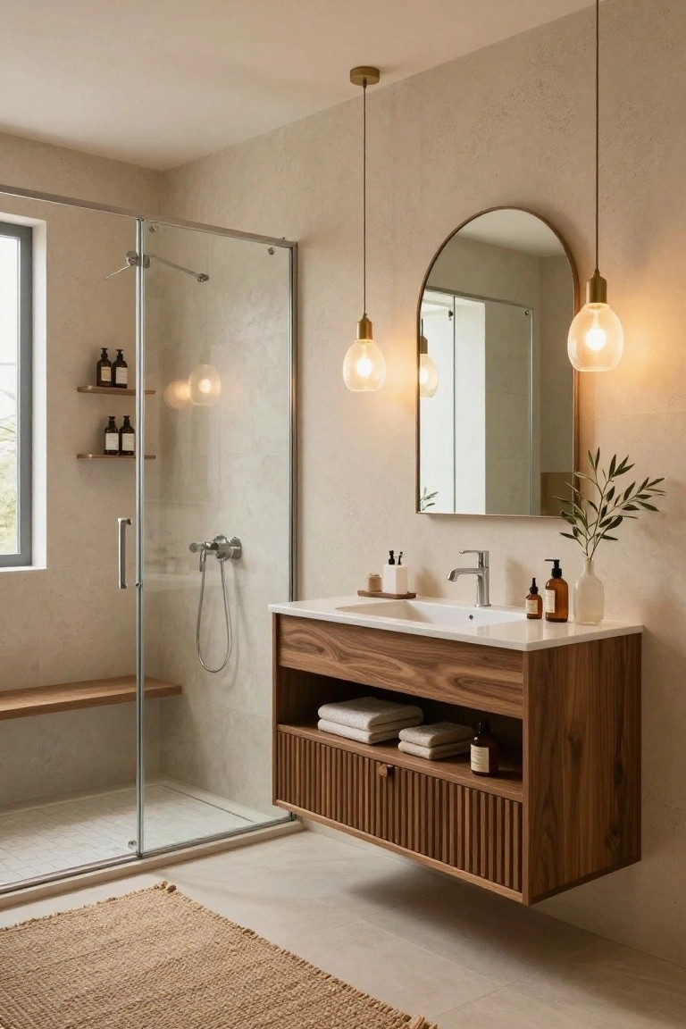 Modern bathroom with beige textured walls, glass shower enclosure, floating wooden vanity and sink, round mirror, two suspended globe pendant lights, shelves with bottles, and potted olive branch.