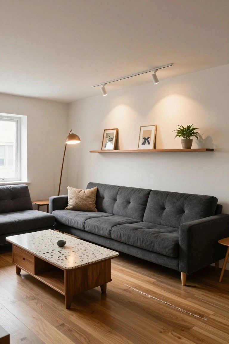 Modern living room with two gray upholstered sofas, terrazzo-top wooden coffee table, wall-mounted wooden shelf displaying framed photos and abstract art plus a potted plant, illuminated by ceiling track spotlights and a bronze arched floor lamp on light wood floors.