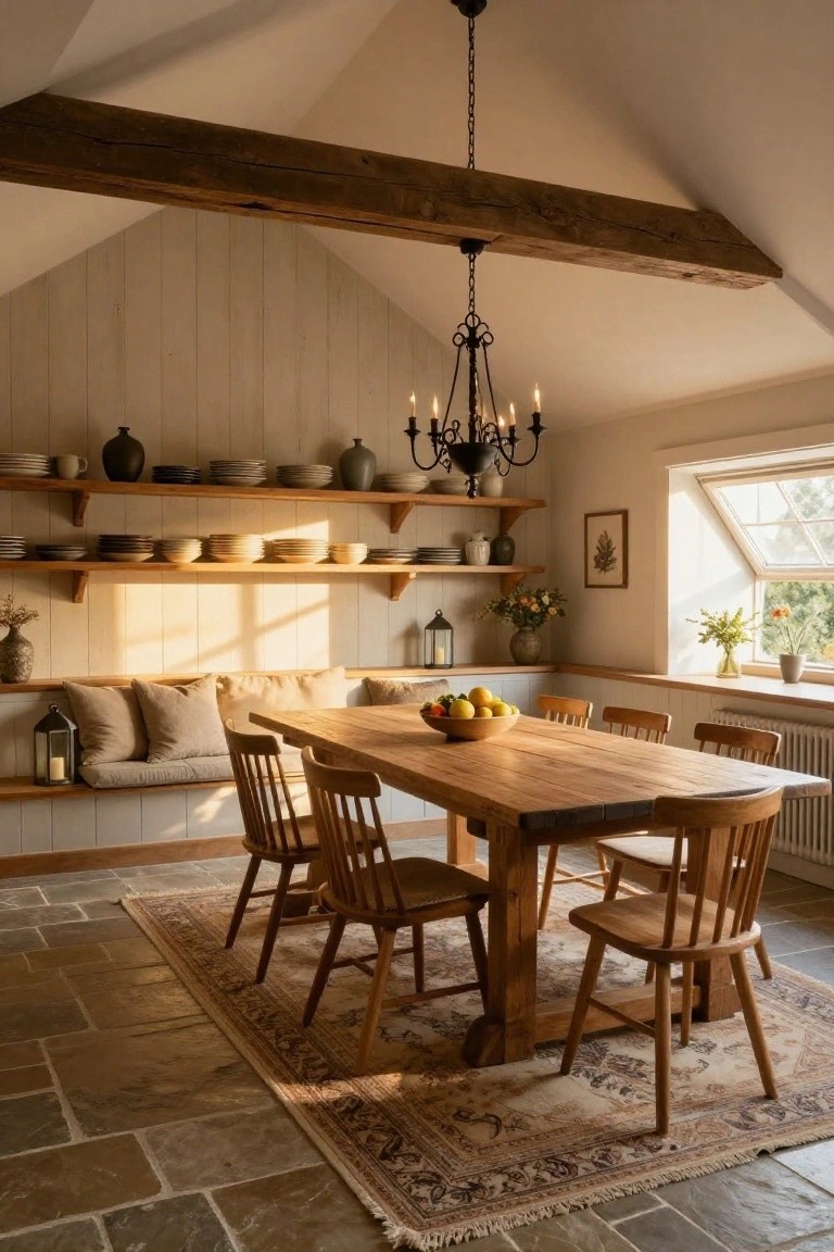Dining room with sloped white ceiling and dark exposed wooden beams, wrought-iron chandelier hanging over wooden table with chairs, open shelves displaying pottery and ceramics, beige cushions on bench, Persian rug on stone floor, and window with plants.