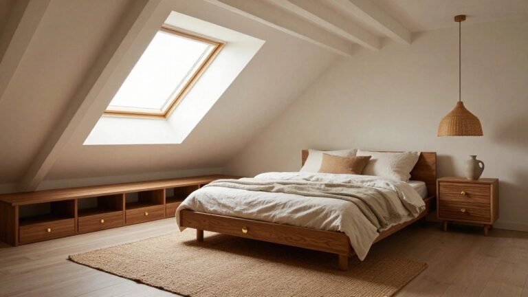 Attic bedroom with white sloped ceiling and skylight, woven rattan pendant light hanging over wooden platform bed with white linen bedding, wooden dresser with ceramic vases and bowls, beige seagrass rug on light wood floor.