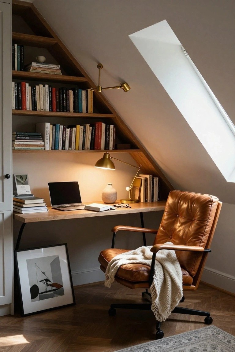Attic home office with sloped wooden ceiling lined in bookshelves, floating oak desk holding laptop and books, tan leather swivel chair with throw, brass gooseneck desk lamp, skylight, and hardwood floor.