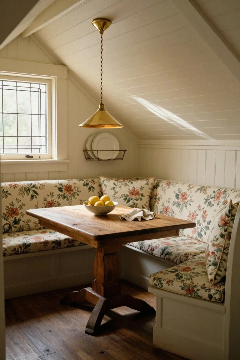 Cozy white-paneled attic nook with floral-upholstered L-shaped booth seating around a wooden pedestal table holding lemons in a bowl and a napkin, lit by a brass conical pendant light hanging from sloped ceiling, with stacked white plates on a wall shelf and leaded glass window.