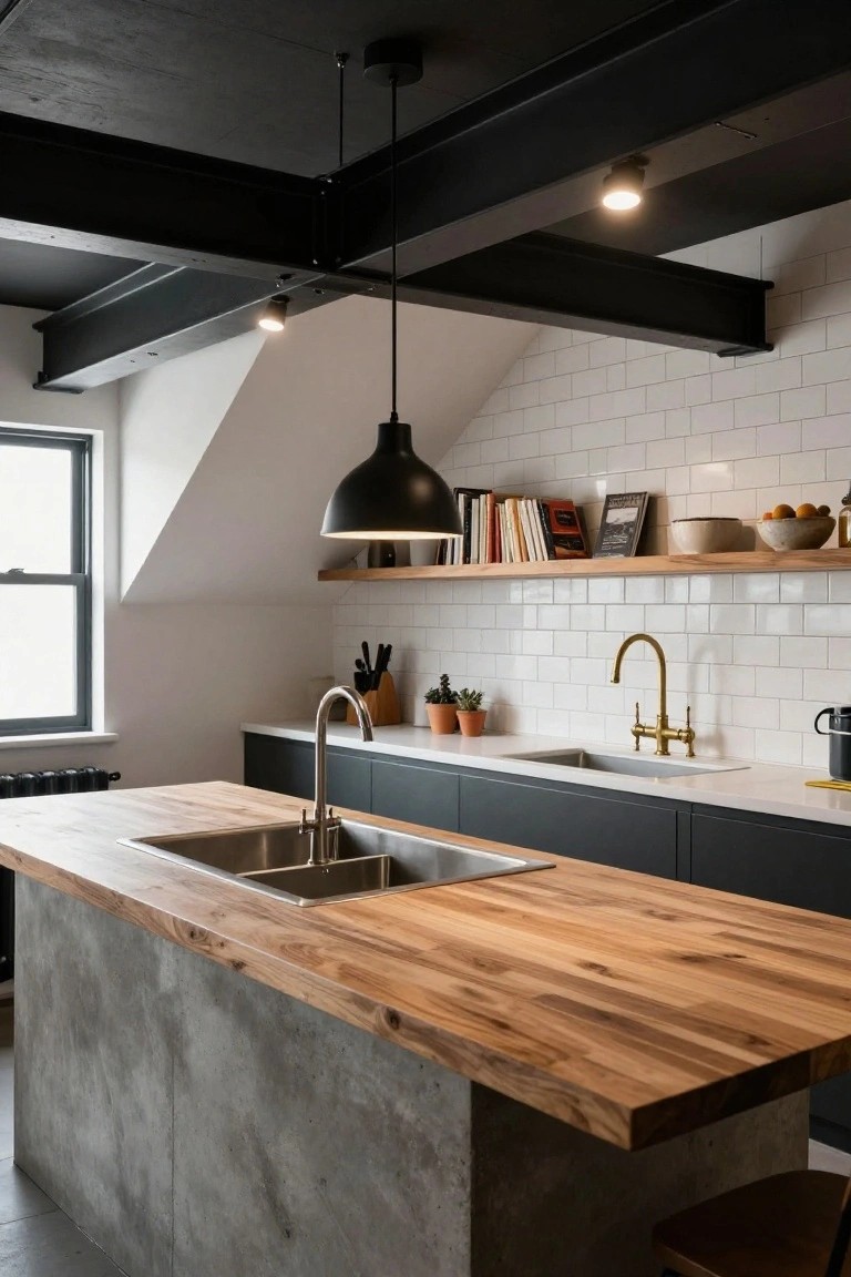 Kitchen in sloped ceiling room with exposed black beams, hanging black pendant light over wooden-topped island with double sink, gold faucet on white cabinets, white subway tile backsplash, and open shelving.
