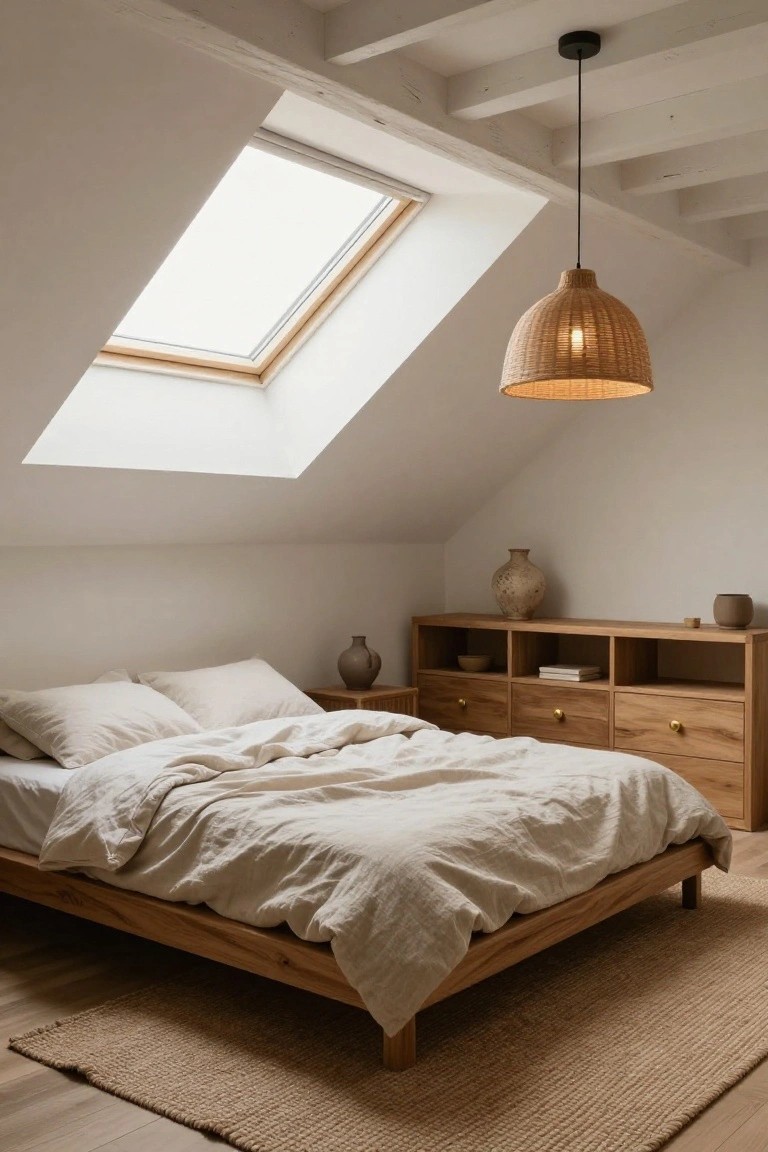 Attic bedroom with white sloped ceiling and skylight, woven rattan pendant light hanging over wooden platform bed with white linen bedding, wooden dresser with ceramic vases and bowls, beige seagrass rug on light wood floor.