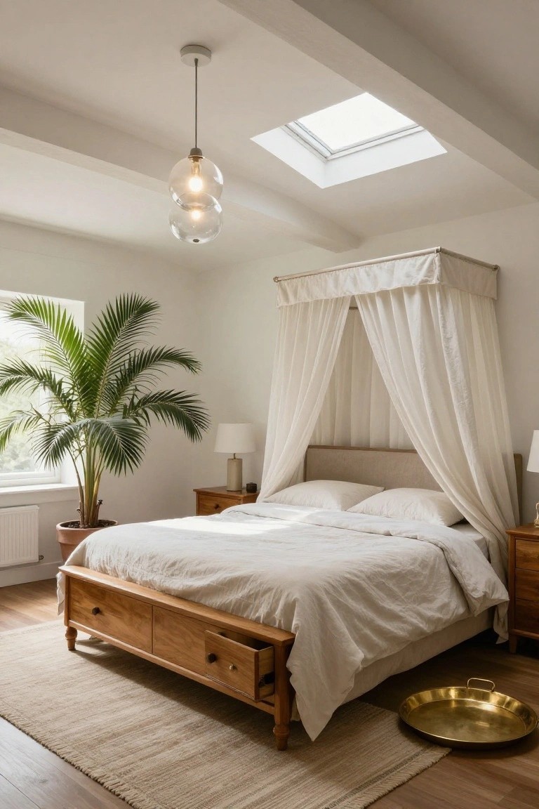 Bedroom with white canopy bed and wooden frame under sloped white ceiling, lit by hanging double glass globe pendant, large potted palm plant by window, side tables, rug on wood floor.