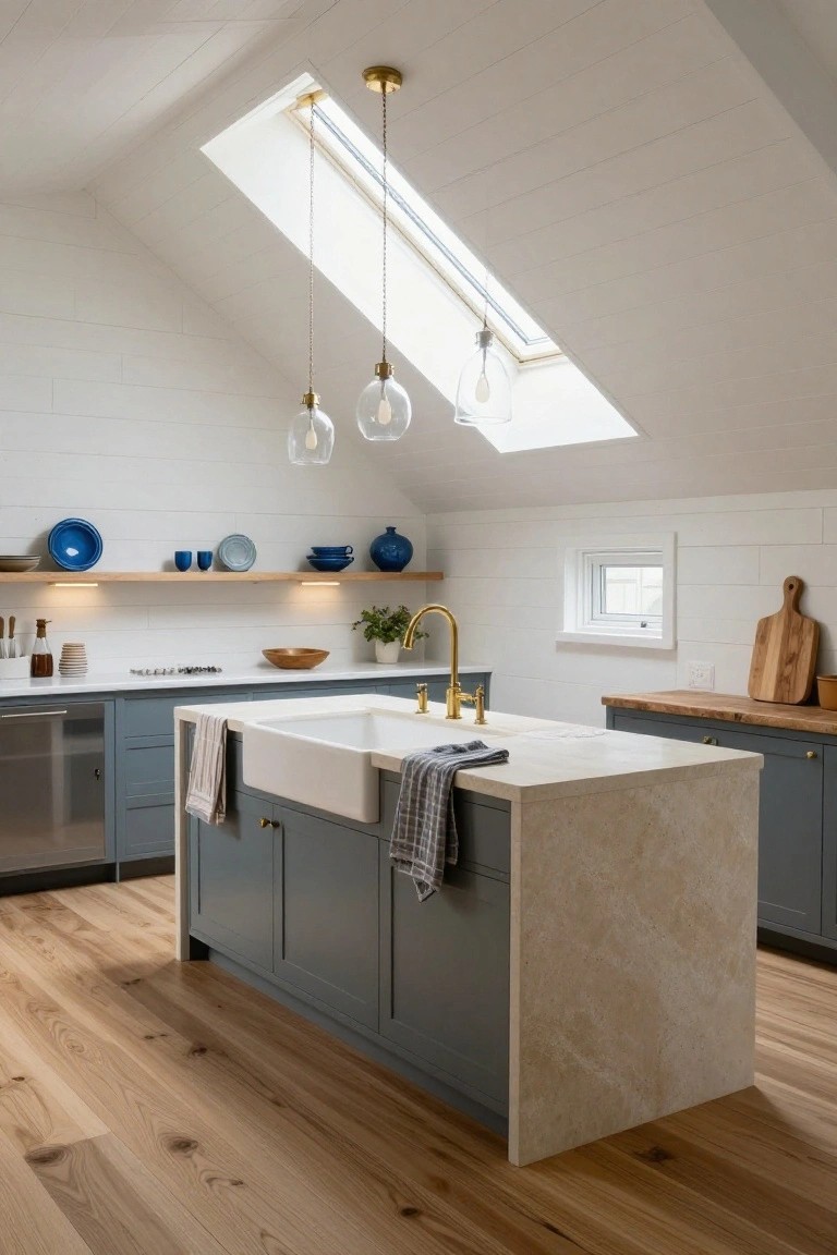 Kitchen with white shiplap sloped ceiling and skylight, three hanging brass pendant lights with clear glass shades above a light beige stone island featuring a white farmhouse sink, navy cabinets, wood cutting board on counter, and oak wood floors.
