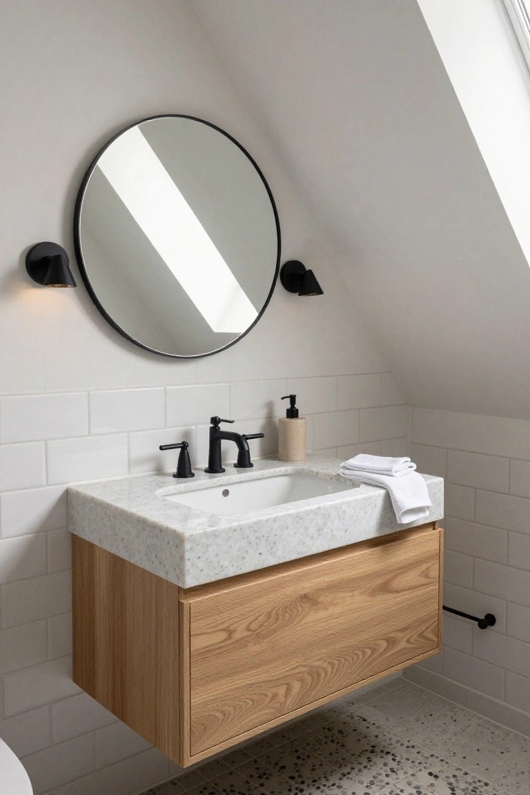 Bathroom under sloped ceiling with floating oak vanity topped by white quartz, round black-framed mirror flanked by black wall sconces, white subway tile walls, soap dispenser and towels on counter, terrazzo floor, and white toilet visible.