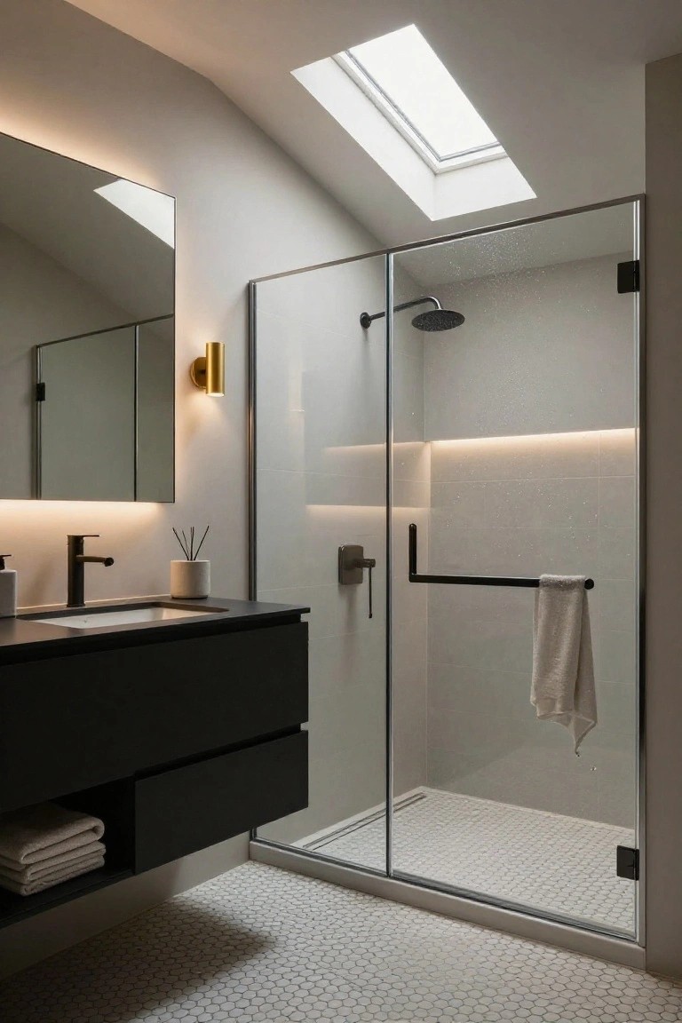 Contemporary bathroom with sloped white ceiling, rectangular skylight, open glass shower enclosure with rain showerhead, black floating vanity, and white hexagonal floor tiles.