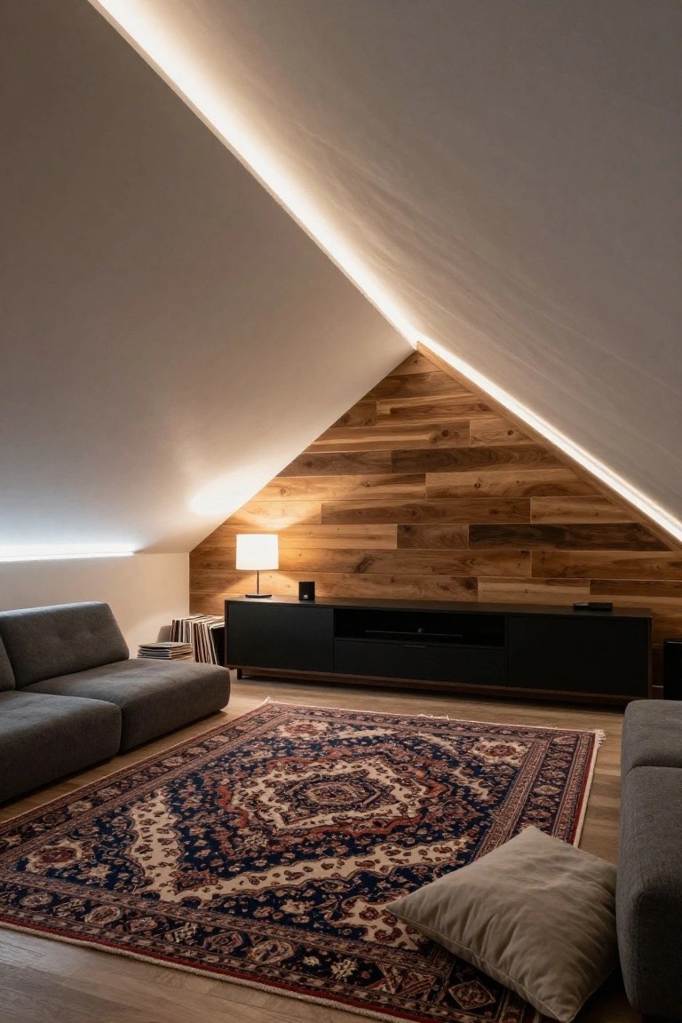 Attic living room with sloped white ceilings edged in LED strip lights, wood-plank accent wall, black entertainment console, gray L-shaped sofa, patterned rug, and floor lamp.