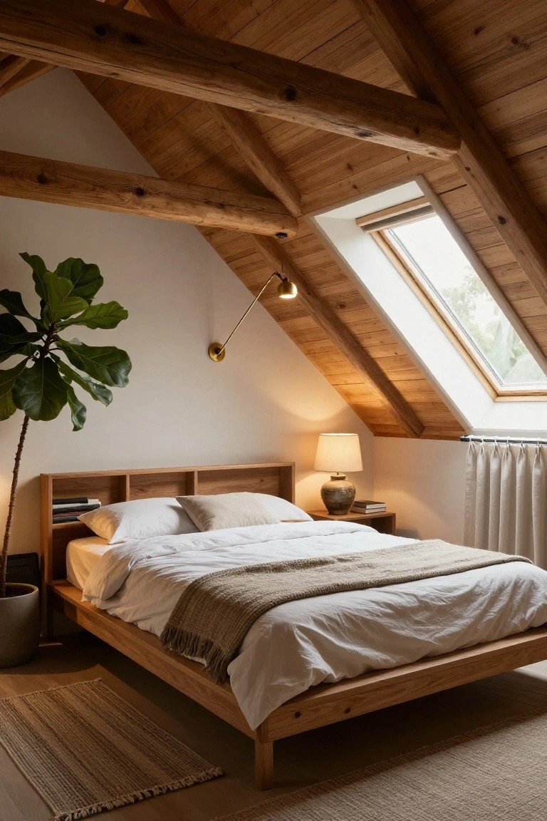 Attic bedroom with wooden sloped ceiling and exposed beams, platform bed with white sheets and beige throw, large potted fiddle leaf fig plant, brass swing arm wall lamp, ceramic table lamp on nightstand, and skylights.