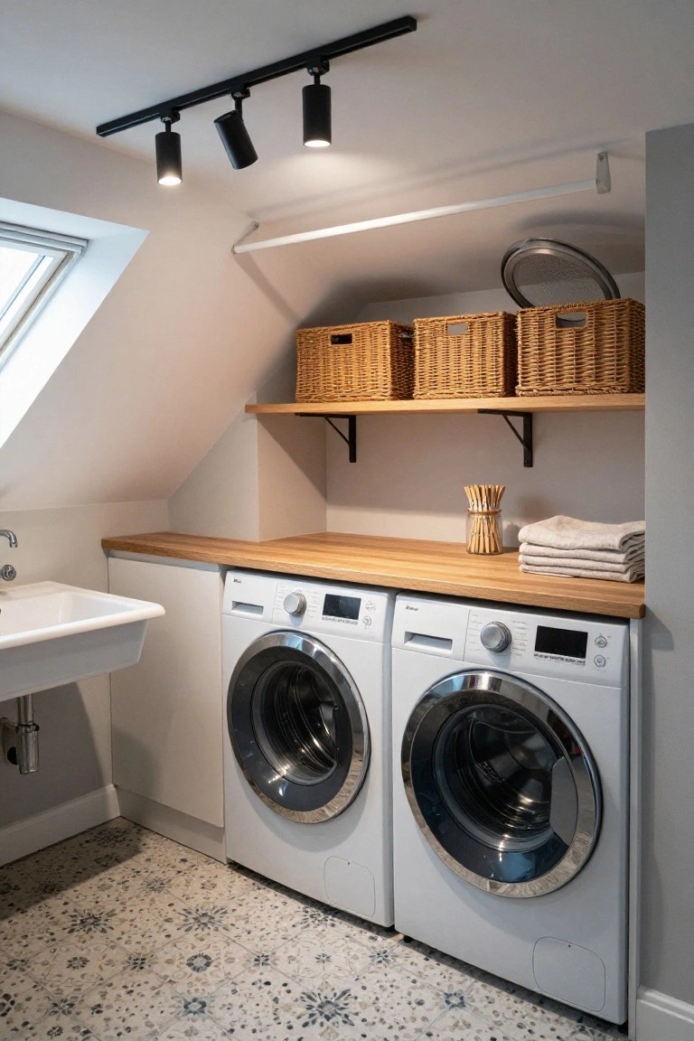 Attic laundry room under sloped ceiling with black track lighting and spotlights, two white front-loading washers and dryers on wooden countertop with sink, wicker baskets on oak shelves, and patterned tile floor.