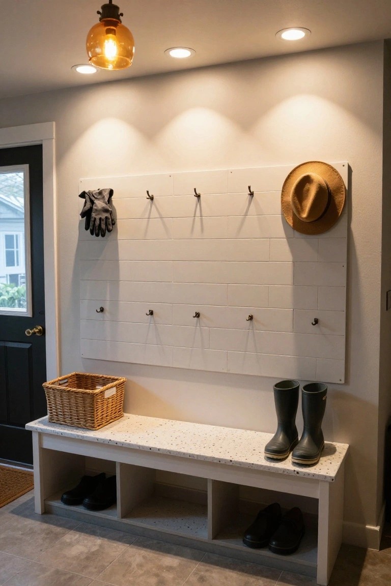 Indoor mudroom with white shiplap wall and coat hooks holding gray gloves and a tan cowboy hat, wooden bench with speckled top and cubbies storing black shoes and boots, green rubber boots on bench, wicker basket nearby, black front door, orange glass pendant light overhead, and recessed ceiling lights.
