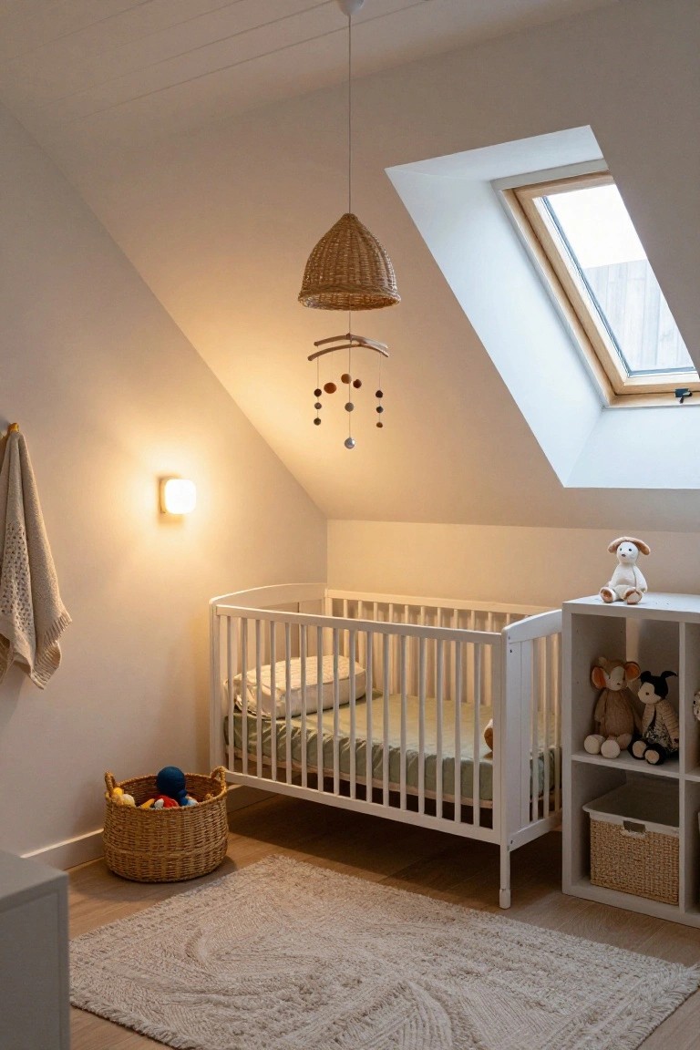 Cozy nursery room under sloped white ceiling with woven basket pendant light hanging above white crib, wooden mobile, wall sconce, toy basket, bookshelf with stuffed animals, and beige rug on wood floor.