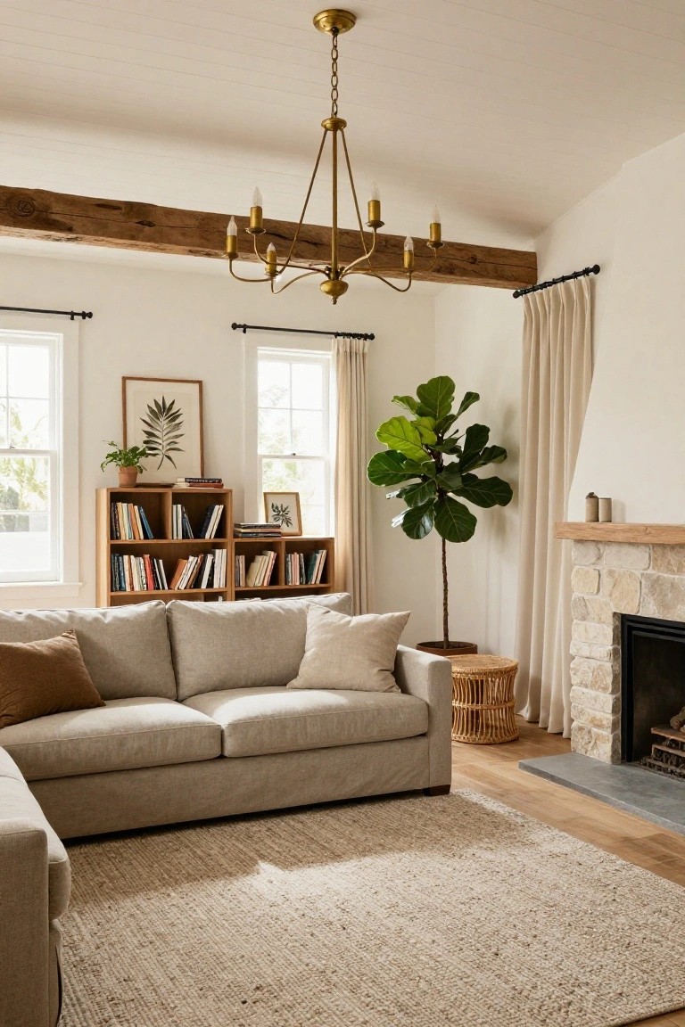 Living room with vaulted white ceiling and exposed wooden beams, brass six-arm chandelier hanging centrally, light gray L-shaped sofa, wood bookshelves, fiddle leaf fig plant in corner, rattan side table, beige rug, and stone fireplace.