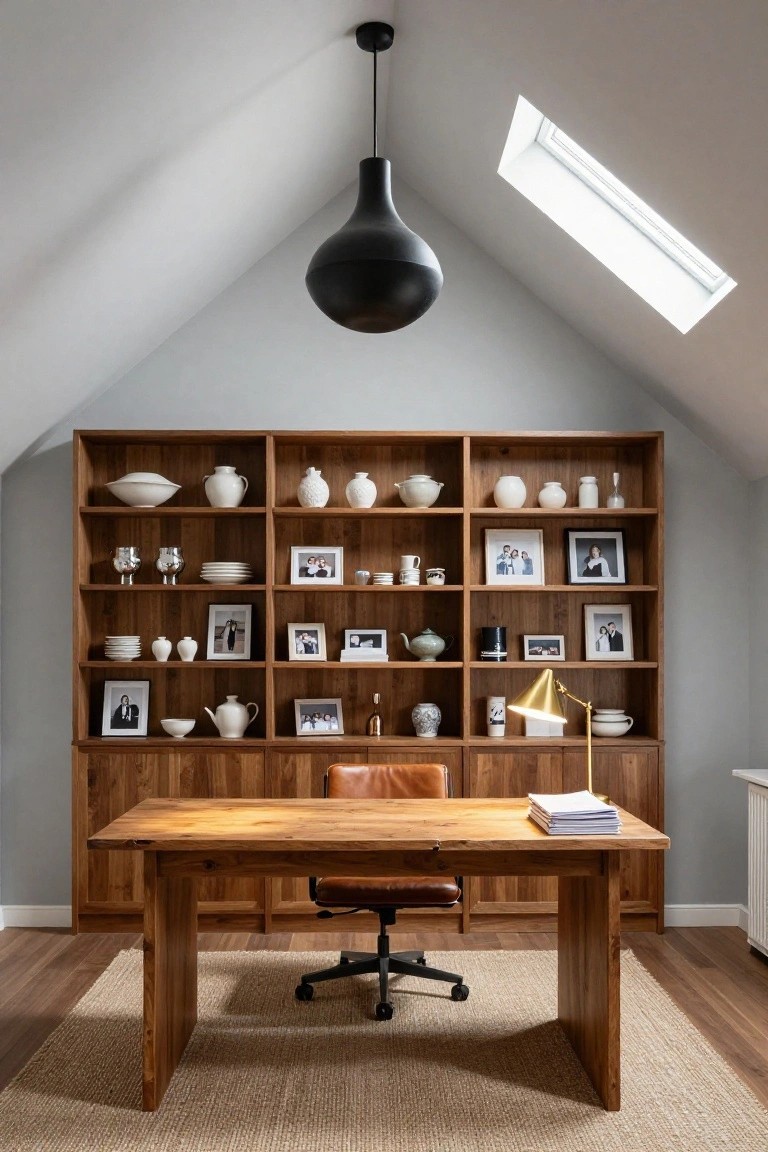 Vaulted ceiling home office with tall wooden bookshelves stocked with white ceramics, photos, and dishes, a wide wooden desk with papers and tan leather chair, black pendant light overhead, gold desk lamp, and rectangular skylight.