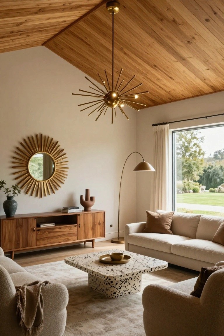 Living room with vaulted wooden ceiling, large gold starburst chandelier, wooden credenza with ceramics, arc floor lamp, beige bouclé armchairs and sofa, low terrazzo coffee table, and large window with garden view.