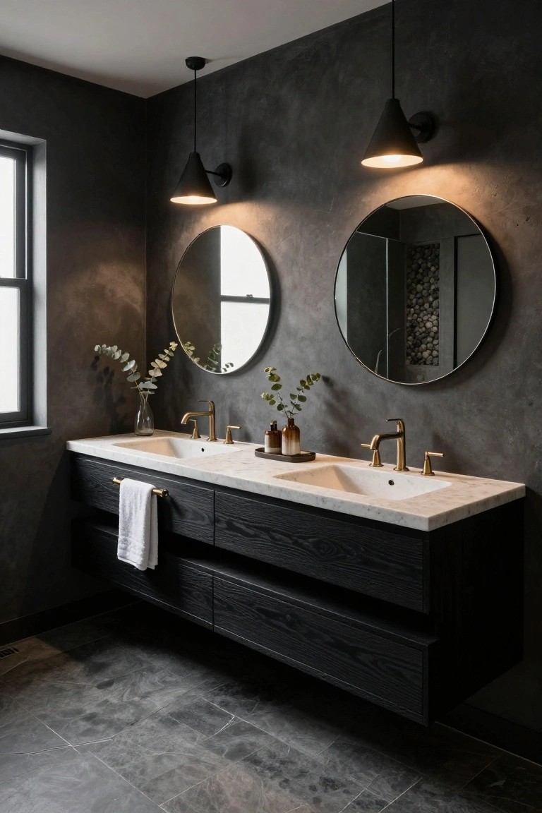 Modern bathroom with floating black wood double vanity on white marble countertop, two round mirrors on textured gray walls lit by black cone pendant wall lights, gold faucets, and potted eucalyptus stems.
