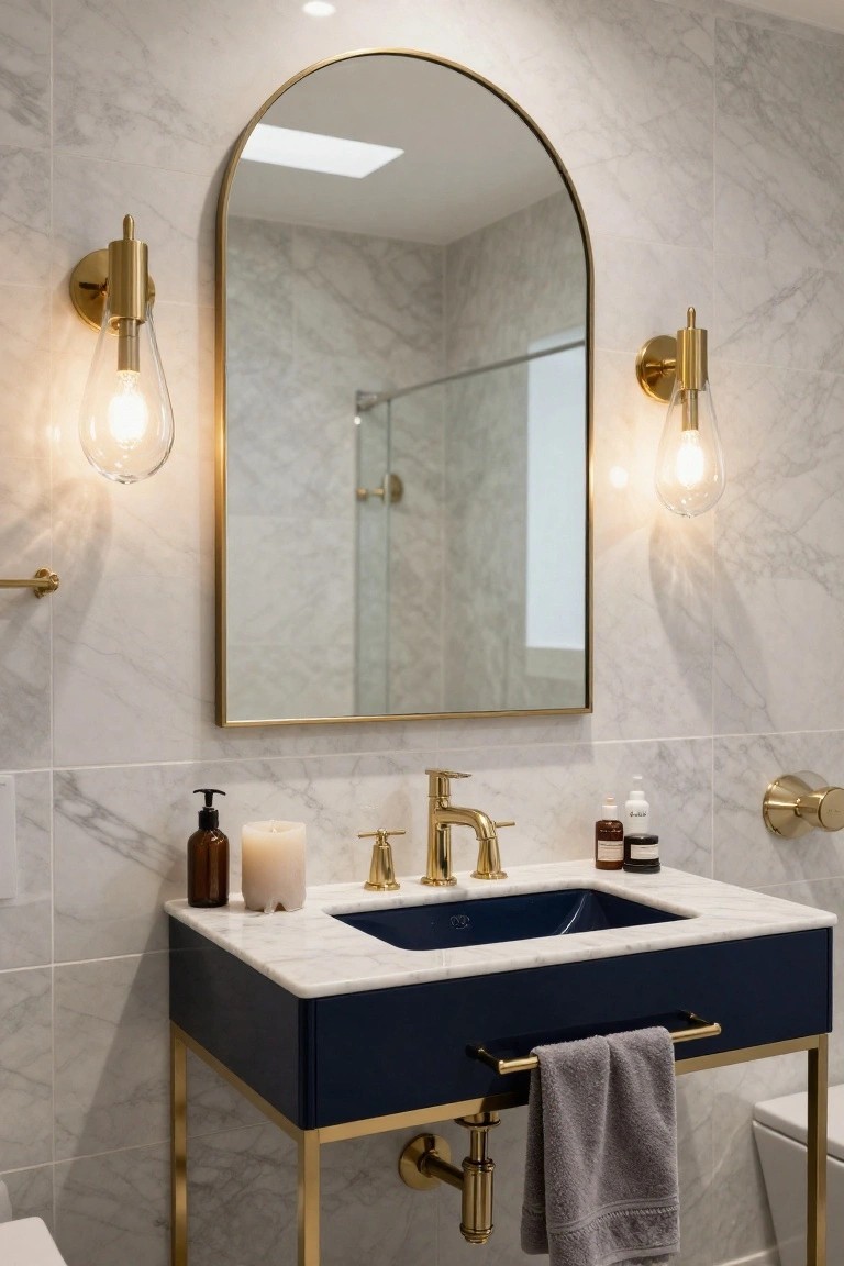 Modern bathroom vanity with navy base, white marble top and sink, gold arched mirror flanked by two brass pendant lights with glass shades, marble walls and floor, brass fixtures, candle, and towel.