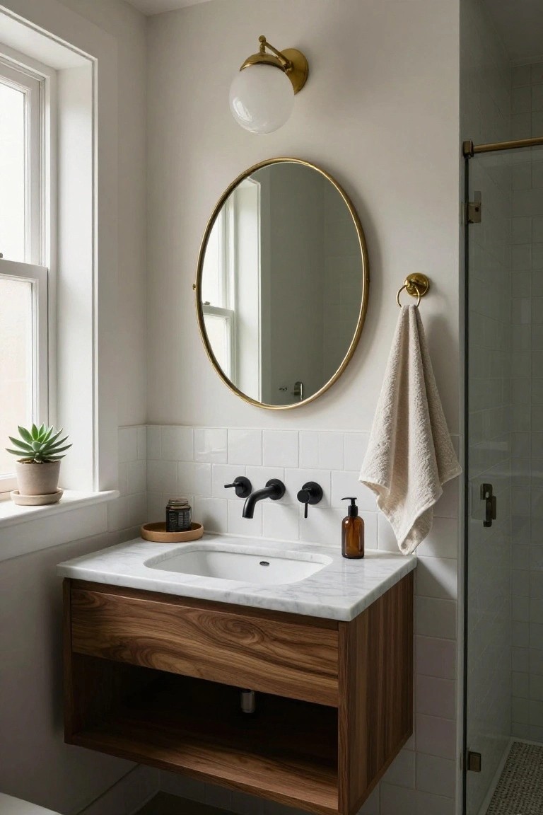Modern bathroom featuring a floating walnut vanity with white marble sink, round gold-framed mirror, brass wall sconce with white globe shade, subway tile walls, potted succulent on windowsill, and glass shower enclosure.
