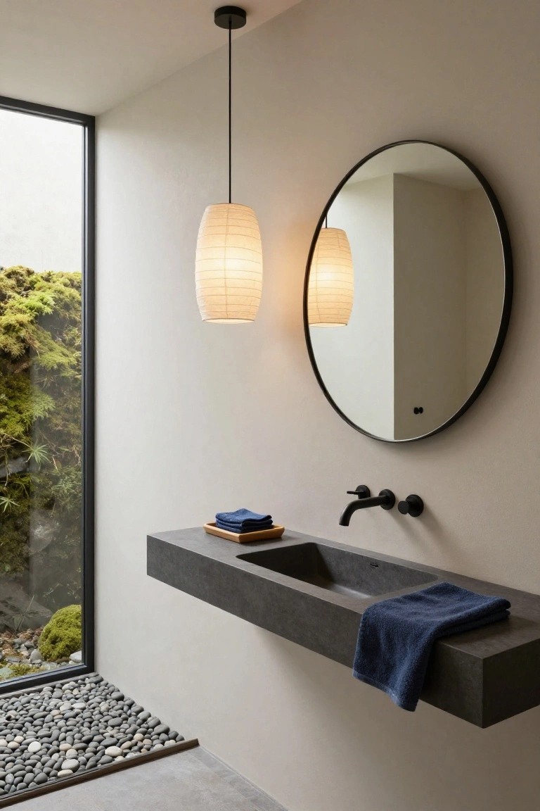 Bathroom with floating dark gray concrete vanity and sink, round black-framed mirror, two white paper lantern pendant lights hanging nearby, black wall faucet, folded blue towels, and large window to green mossy garden over pebble flooring.