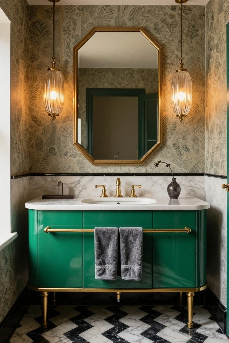 Bathroom with green lacquered vanity cabinet on gold legs, white marble sink top with gold faucet, octagonal gold mirror flanked by two hanging ribbed glass pendant lights, leaf-patterned gray wallpaper, and black-and-white marble checkered floor.
