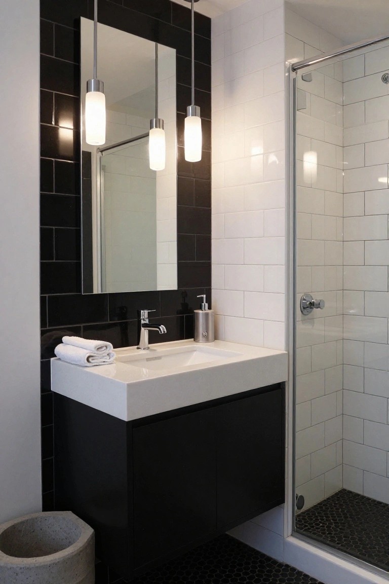 Modern bathroom featuring black subway tiles on one wall, white subway tiles in the shower enclosure, a white quartz vanity with black cabinets, a large rectangular mirror, two frosted glass pendant lights hanging beside the mirror, and a concrete wastebasket on the black hex tile floor.