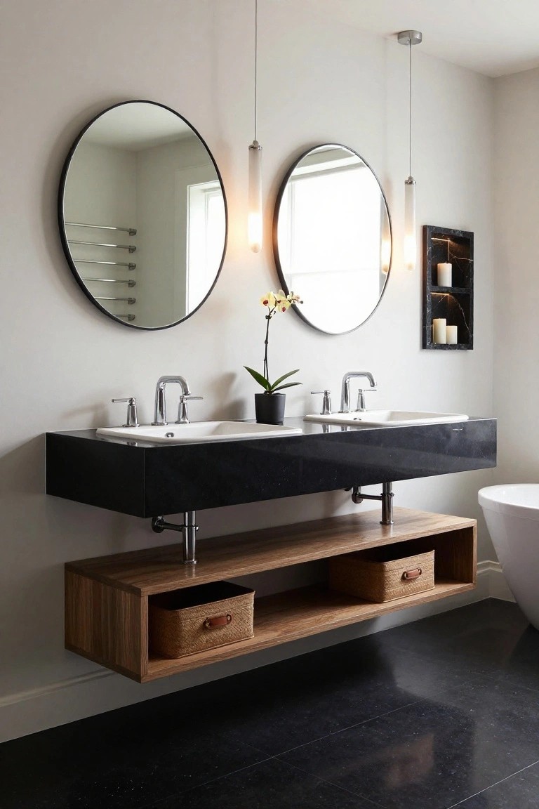 Bathroom featuring two large round black-framed mirrors above a floating black double vanity with two sinks, illuminated by three slim hanging pendant lights, wooden shelf with baskets below, potted orchid on vanity, black wall shelf with candles nearby, freestanding bathtub, towel rail, and black floor tiles.