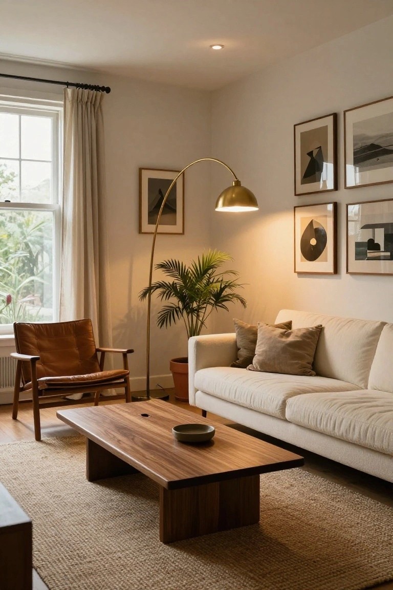 Modern living room with cream sofa, tan leather armchair, low wooden coffee table, potted palm plant, framed black and white artwork on walls, gold-shaded arched floor lamp, and large window with sheer curtains.