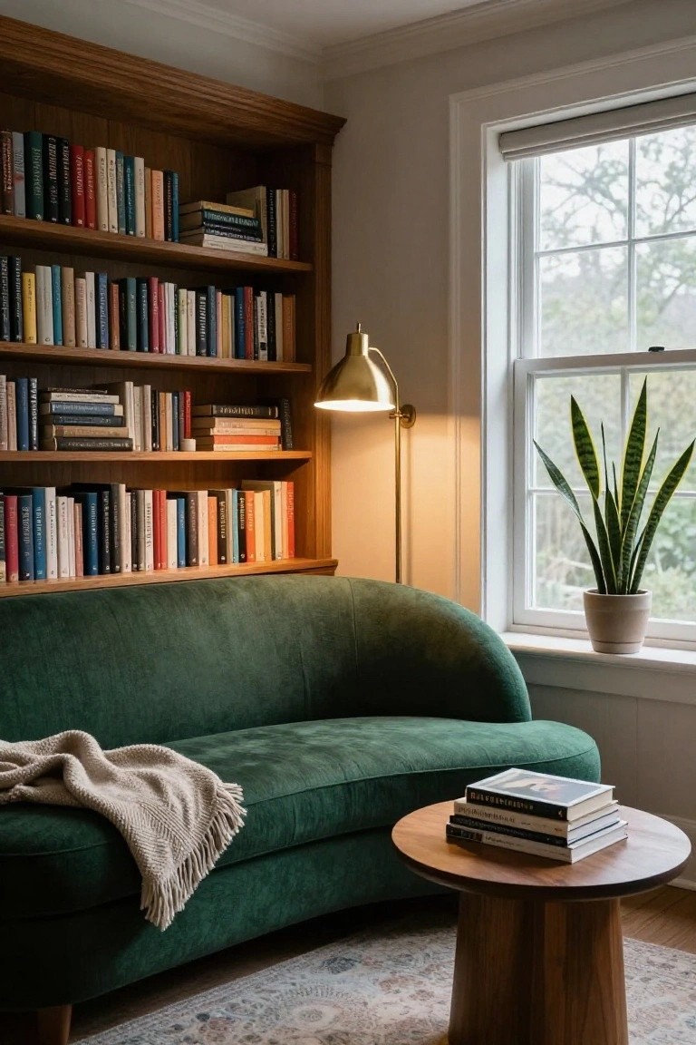 Wooden bookshelves filled with colorful books line the wall of a cozy room with a green curved velvet sofa, brass arched floor lamp, snake plant in a pot by the window, tan throw blanket on the sofa, and stack of books on a round wooden side table on a patterned rug.