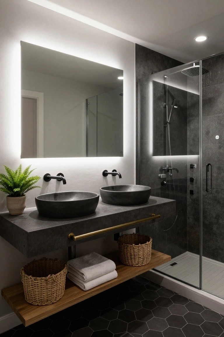 Modern bathroom featuring a large backlit mirror above a concrete vanity with two black vessel sinks, black wall-mounted faucets, a glass shower enclosure with edge lighting, black hexagonal floor tiles, woven baskets, towels, and potted plants.