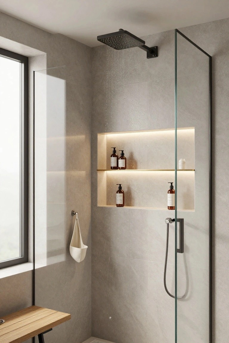 Modern walk-in shower with glass panel enclosure, overhead black rainfall showerhead, backlit recessed niche shelves holding brown bottles and white container, chrome fixtures, white fabric pouch on wall hook, wooden bench outside, and gray textured tile walls with window.
